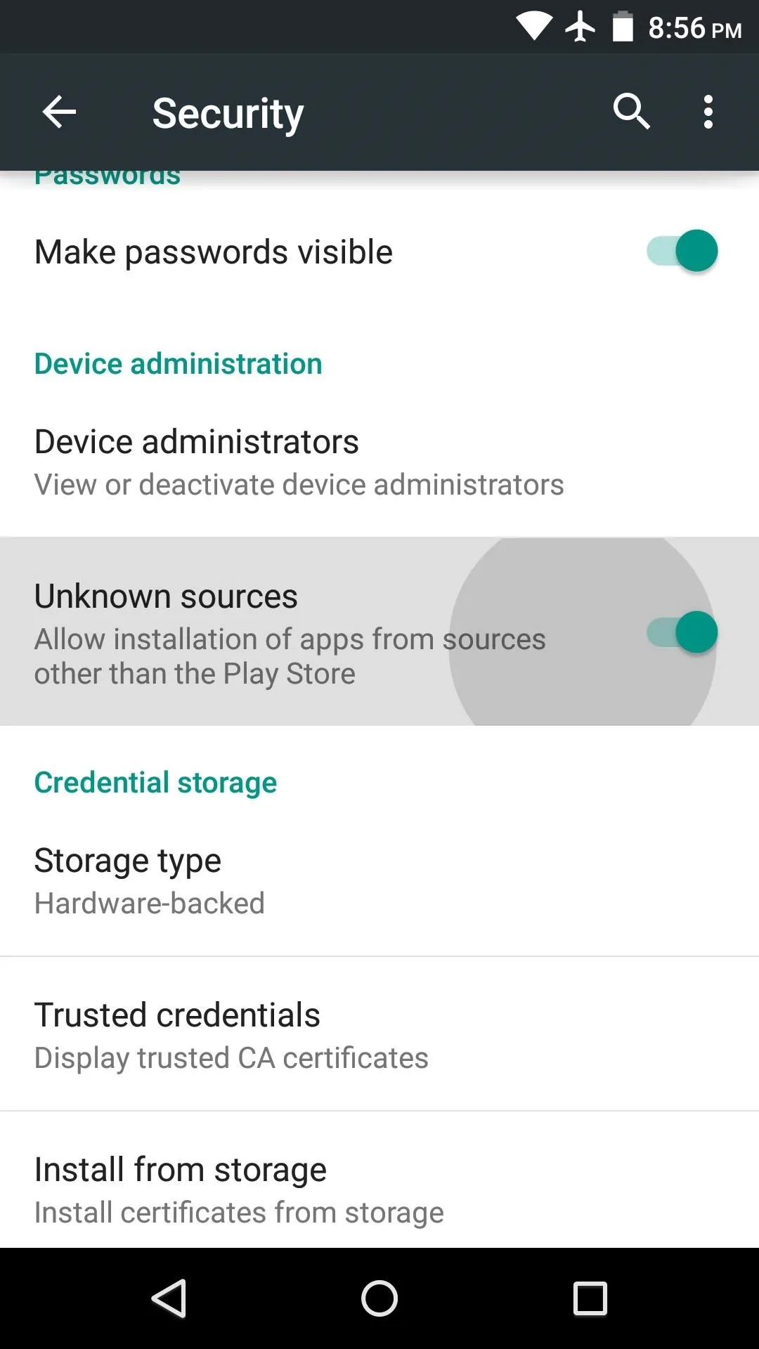 Contoh izin menginstal dari sumber tidak dikenal di Android