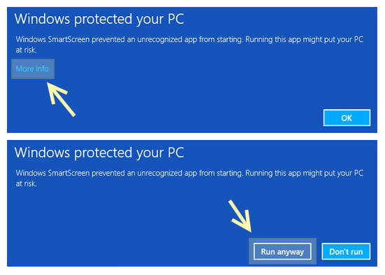 Peringatan Windows SmartScreen — klik More info lalu Run anyway