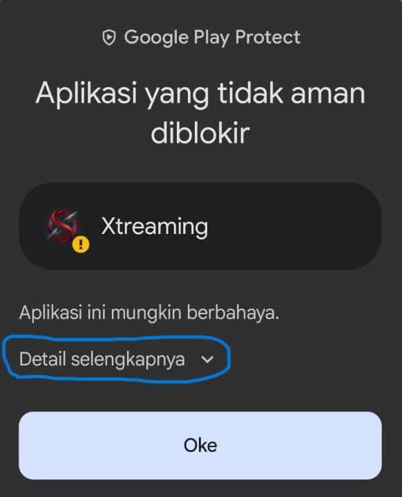 Peringatan Google Play Protect saat menginstal Xtreaming